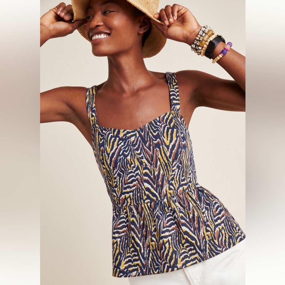 Anthropologie Printed Peplum Tank Top - Navy & Yellow